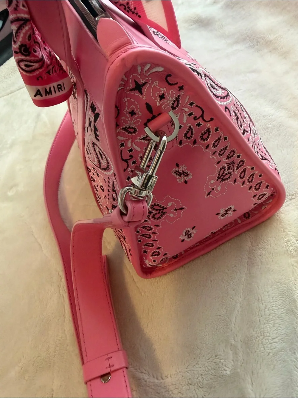 AMIRI Pink Bandana-Print Leather Satchel with Adjustable Strap